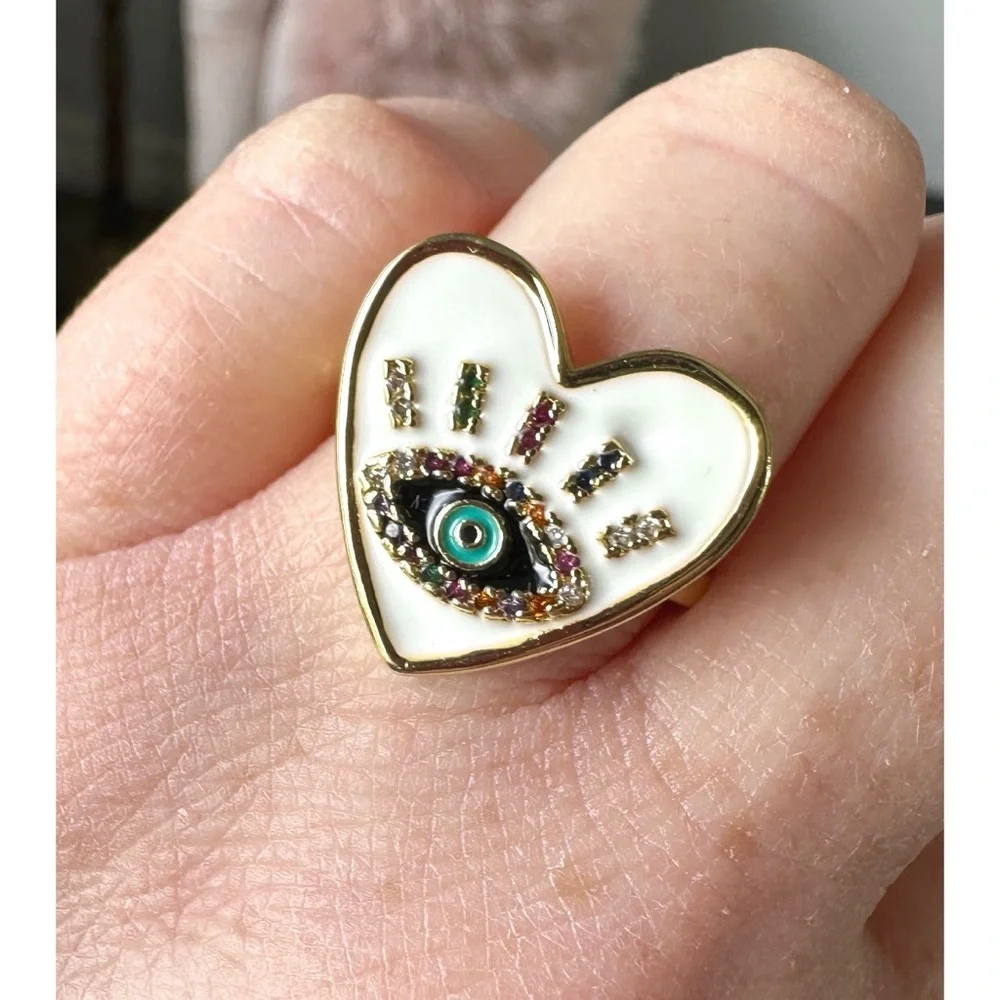 Heart Shaped Eye Ring with Colorful Enamel Accents & Rhinestone Accents